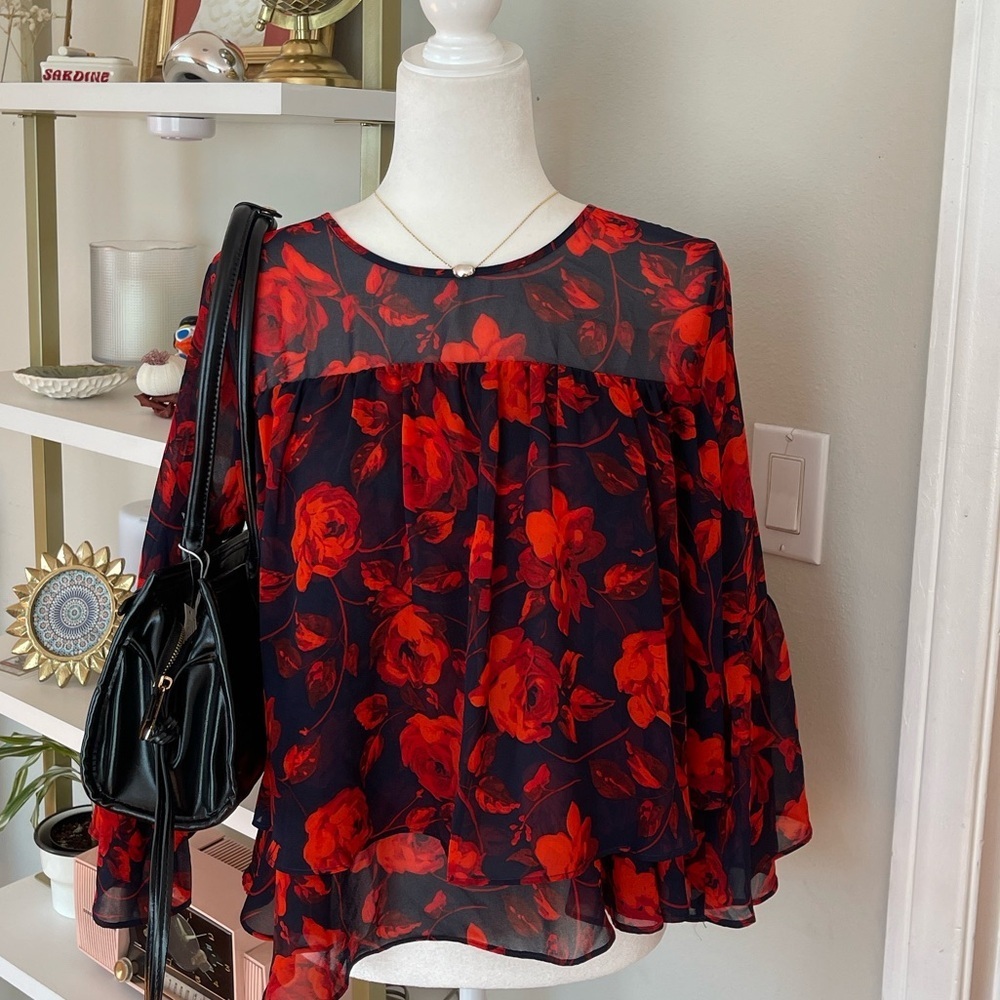 Floral Chiffon Blouse - Red and Navy Blue Size M